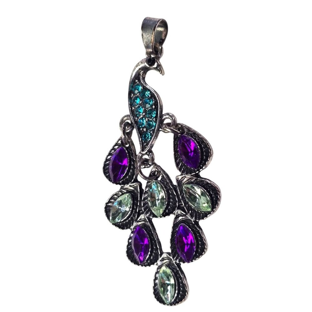 Peacock Pendant Silver Tone Rhinestone Drop Dangle Purple Green Blue Jewelry